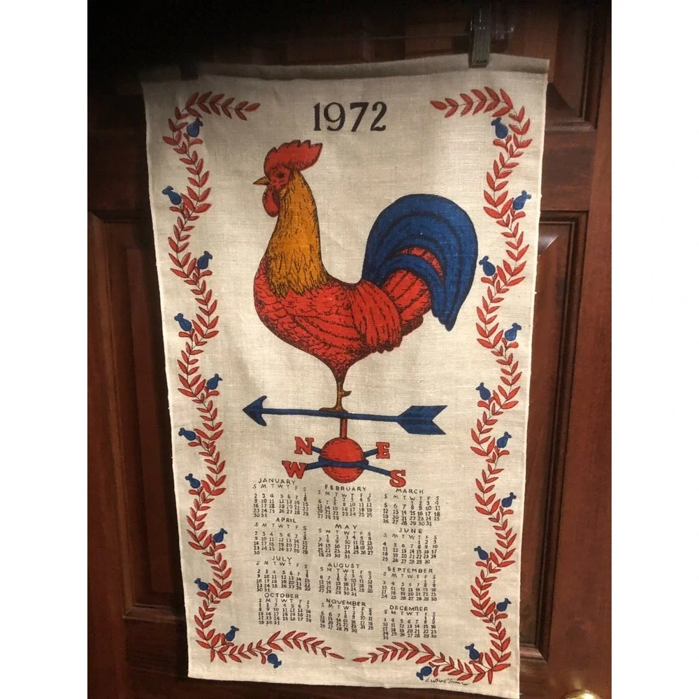 Vintage 1972 Linen Tea Towel Calendar with Large ROOSTER & Weathervane  EUC